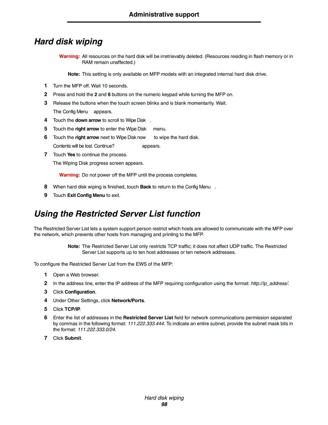 Lexmark C77x manual Hard disk wiping, Using the Restricted Server List function 