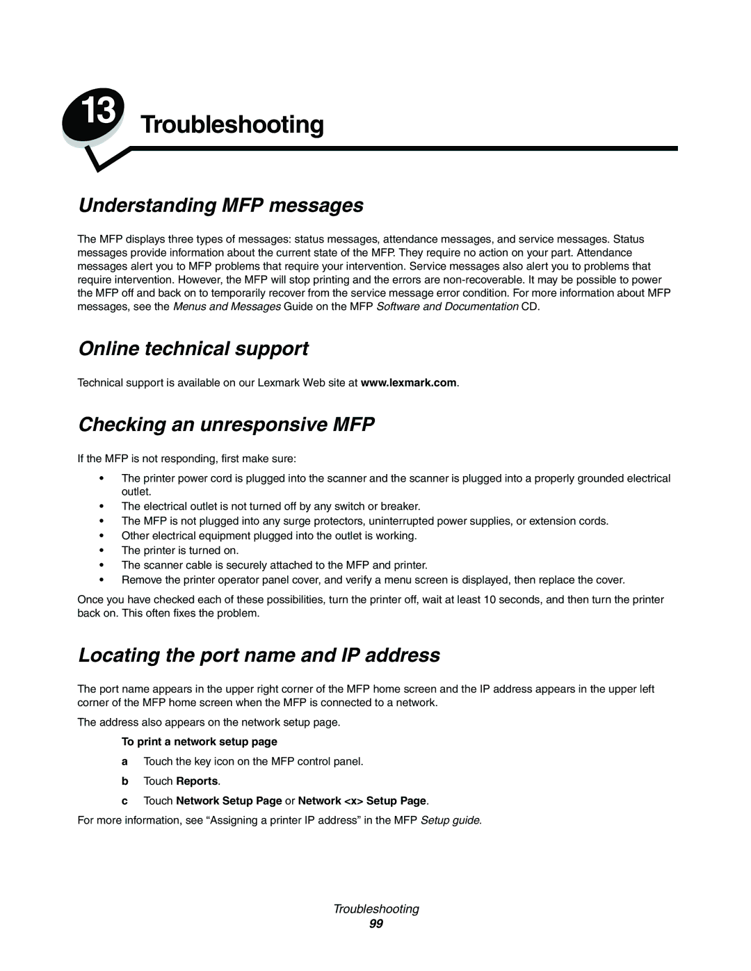 Lexmark C77x manual Troubleshooting, Understanding MFP messages, Online technical support Checking an unresponsive MFP 