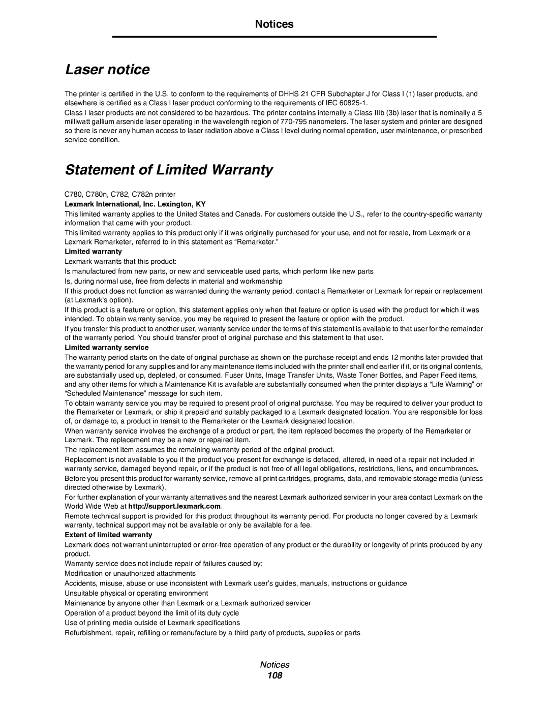 Lexmark C780, C782 manual Laser notice, Statement of Limited Warranty 