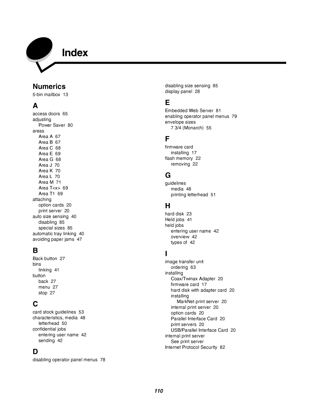 Lexmark C780, C782 manual Index 