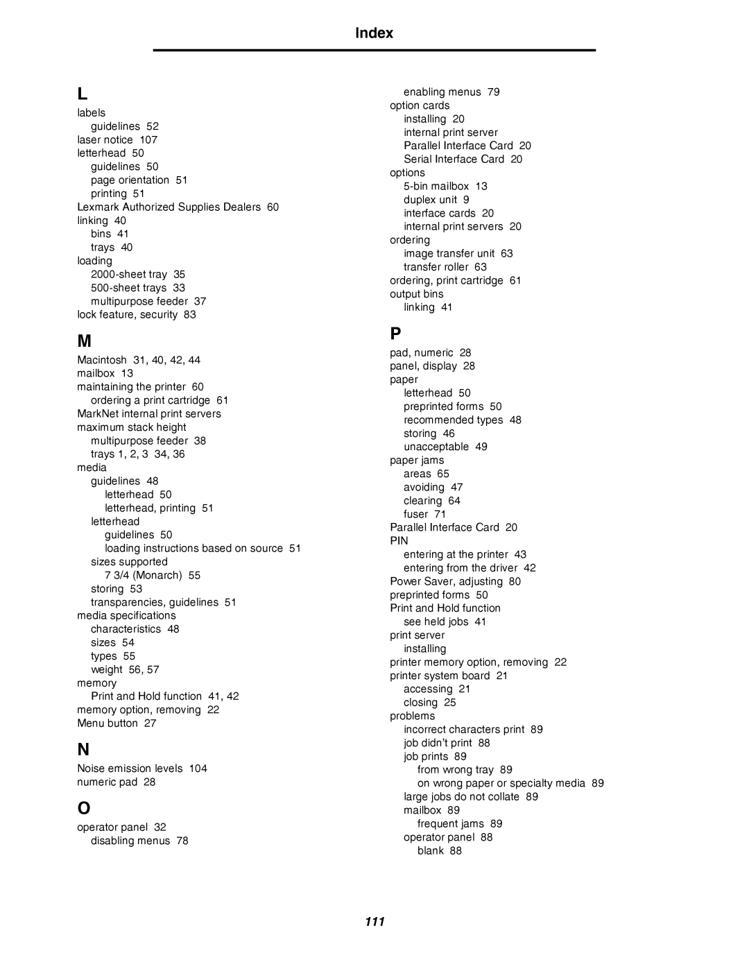 Lexmark C780, C782 manual Index, Pin 