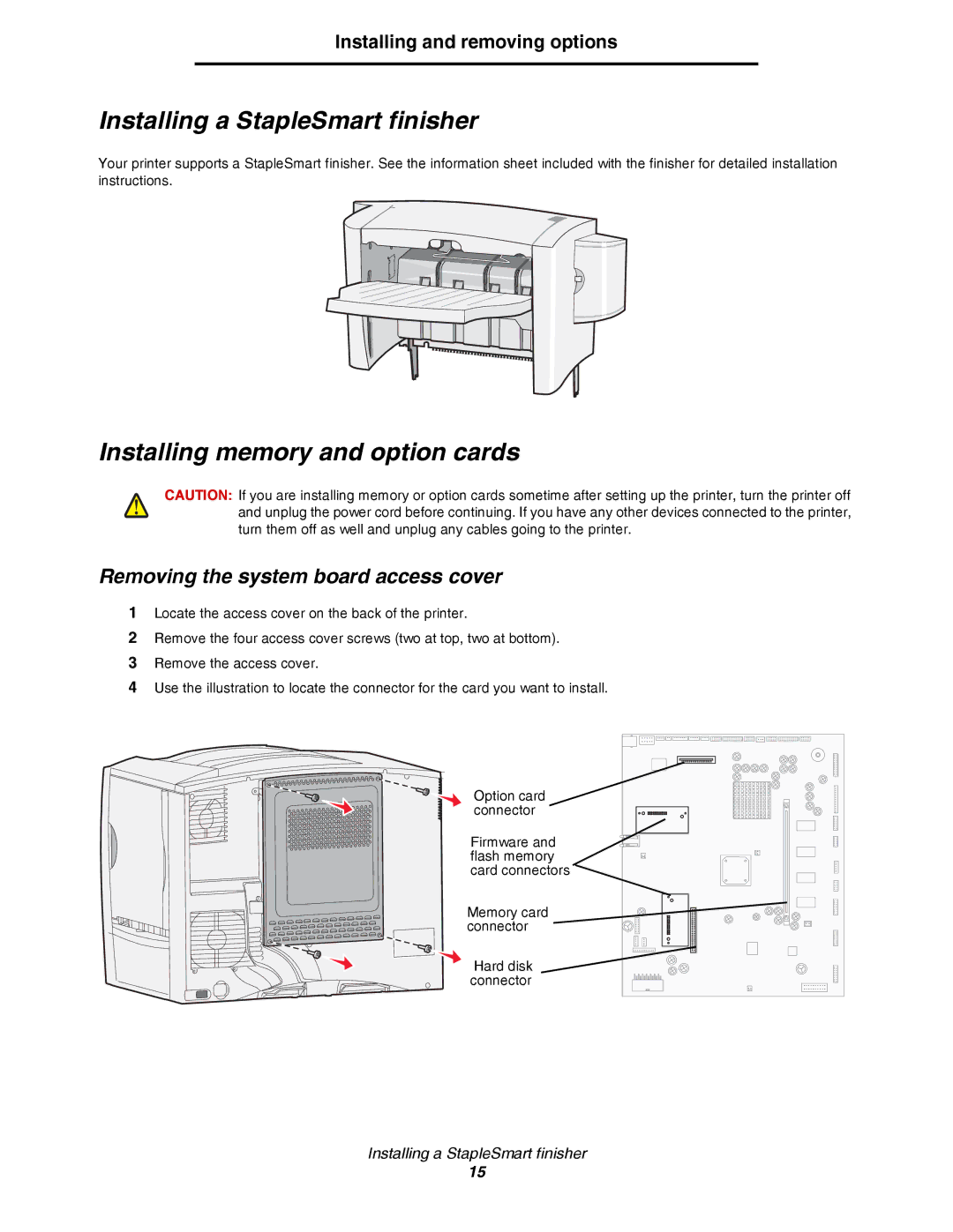 Lexmark C780, C782 manual Installing a StapleSmart finisher, Installing memory and option cards 