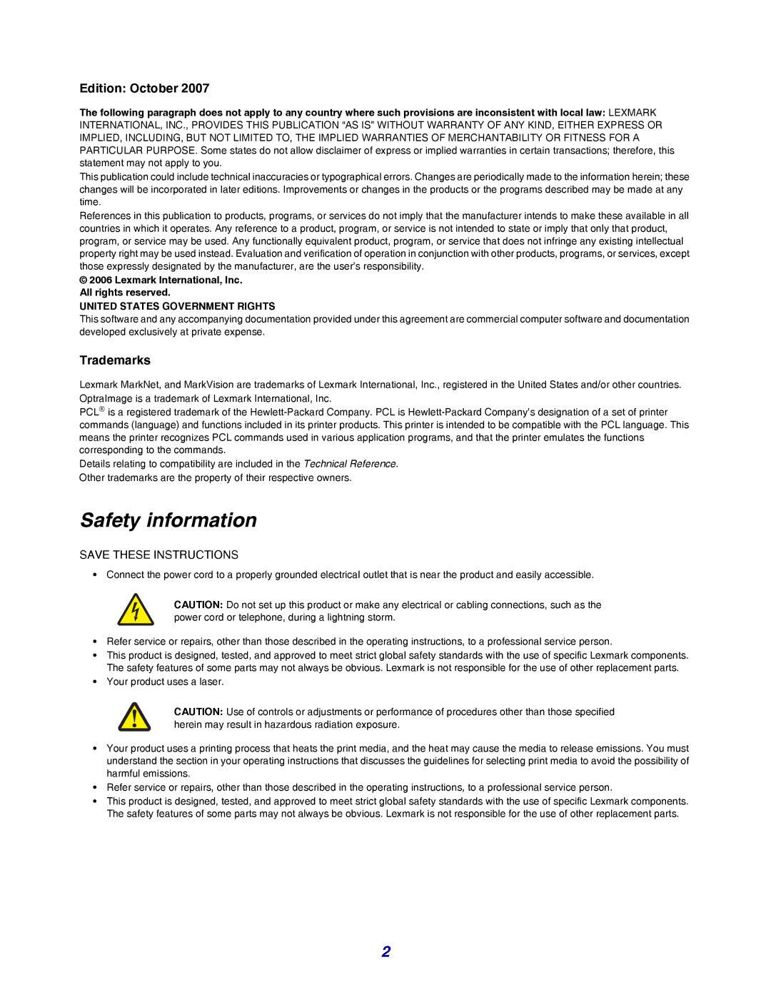 Lexmark C780, C782 manual Safety information, Edition October, Trademarks 