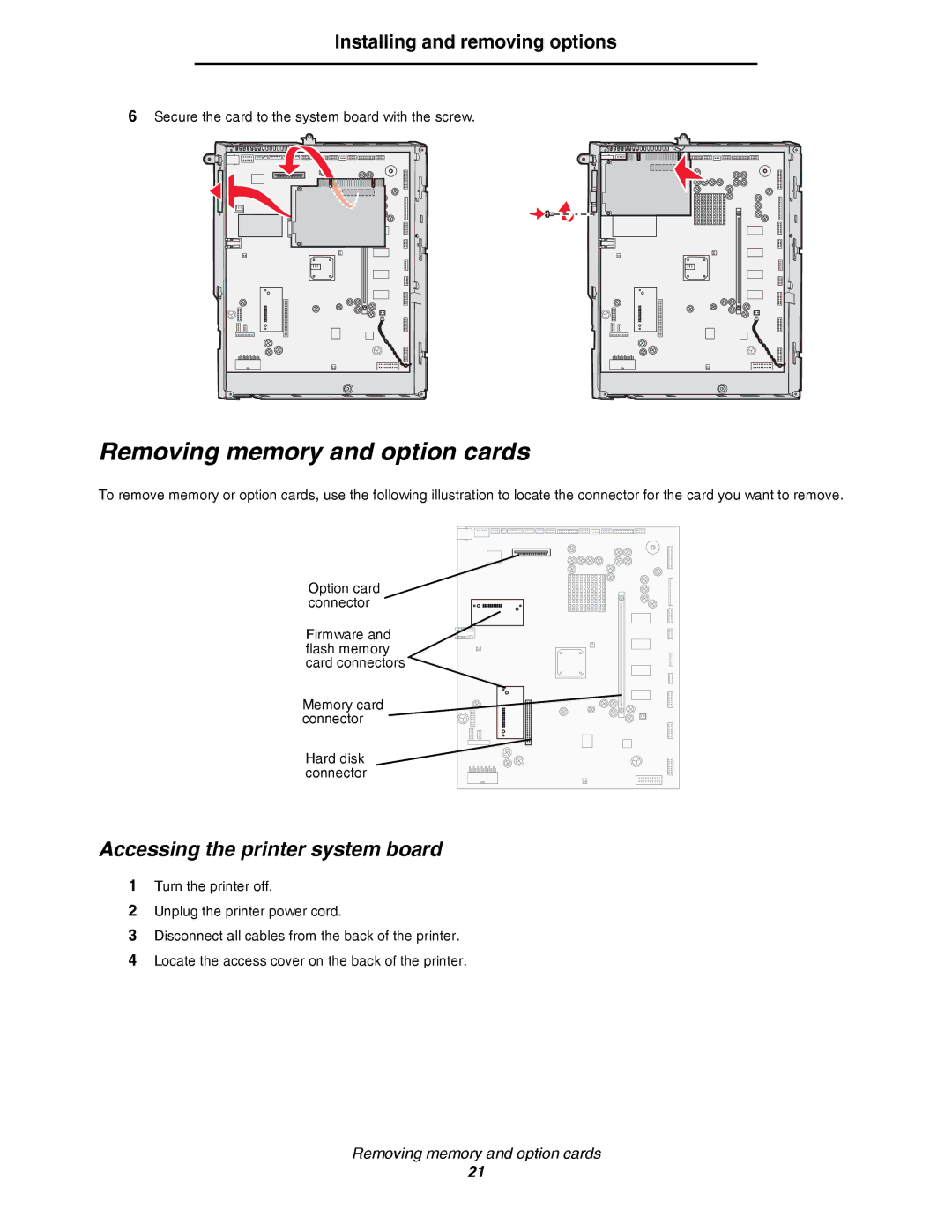 Lexmark C780, C782 manual Removing memory and option cards, Accessing the printer system board 