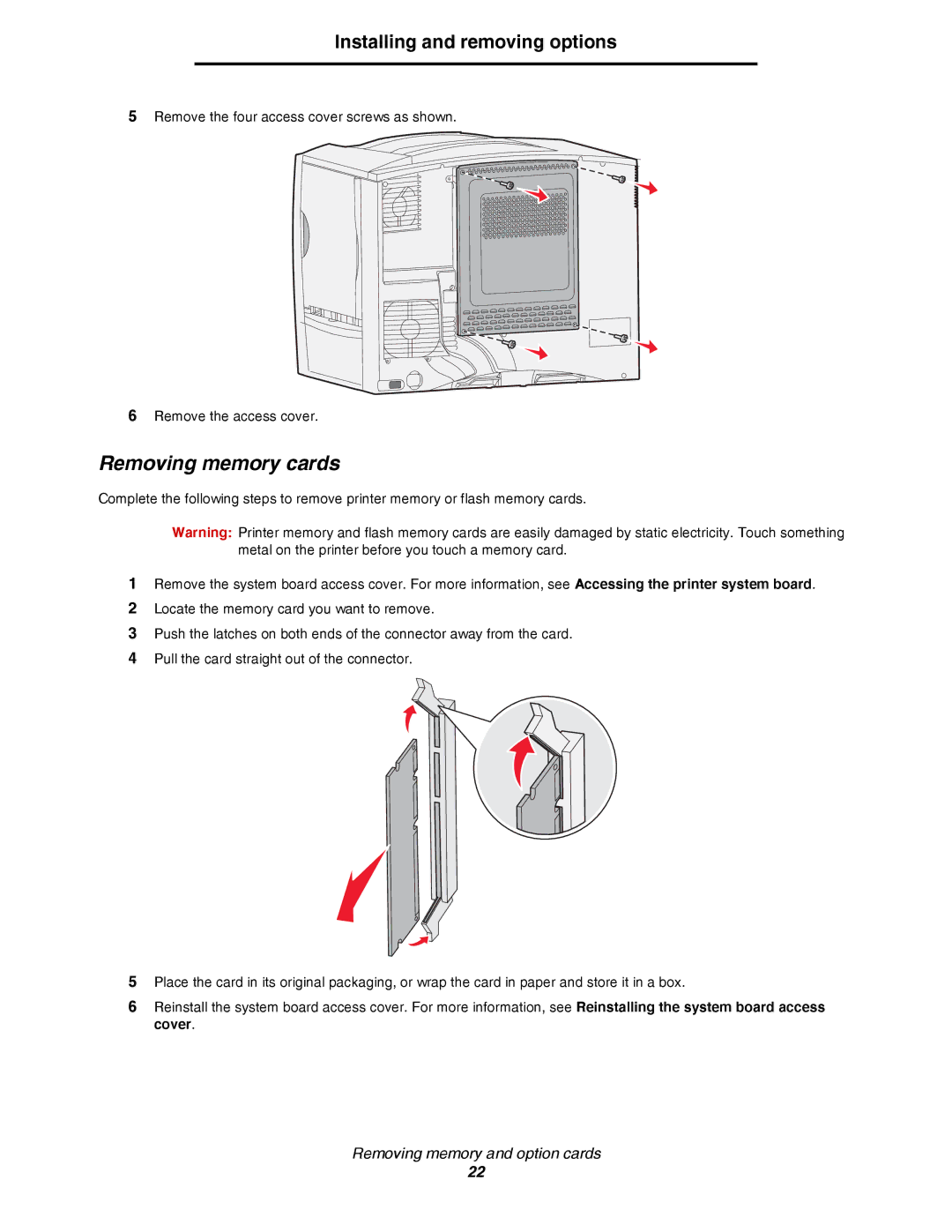 Lexmark C780, C782 manual Removing memory cards 