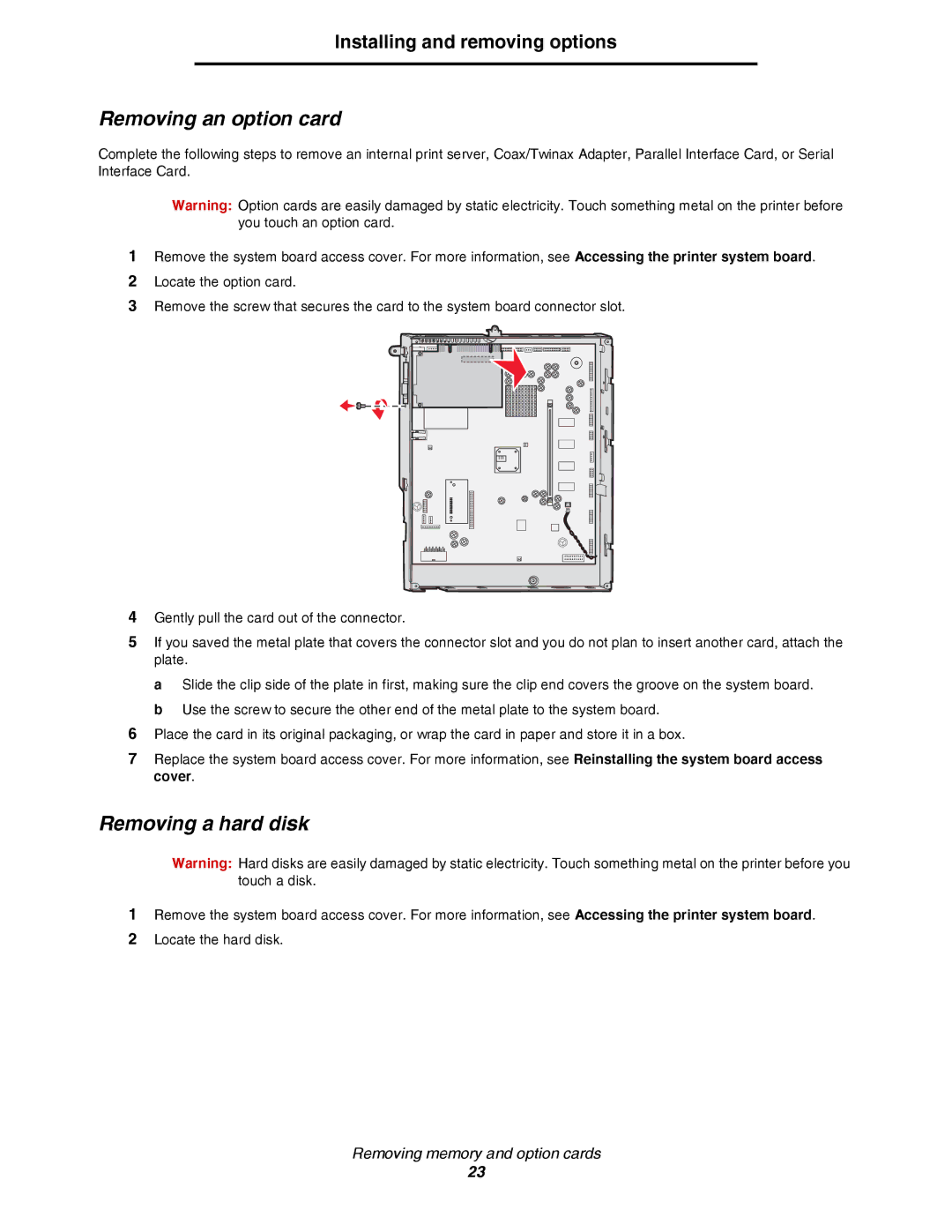 Lexmark C780, C782 manual Removing an option card, Removing a hard disk 