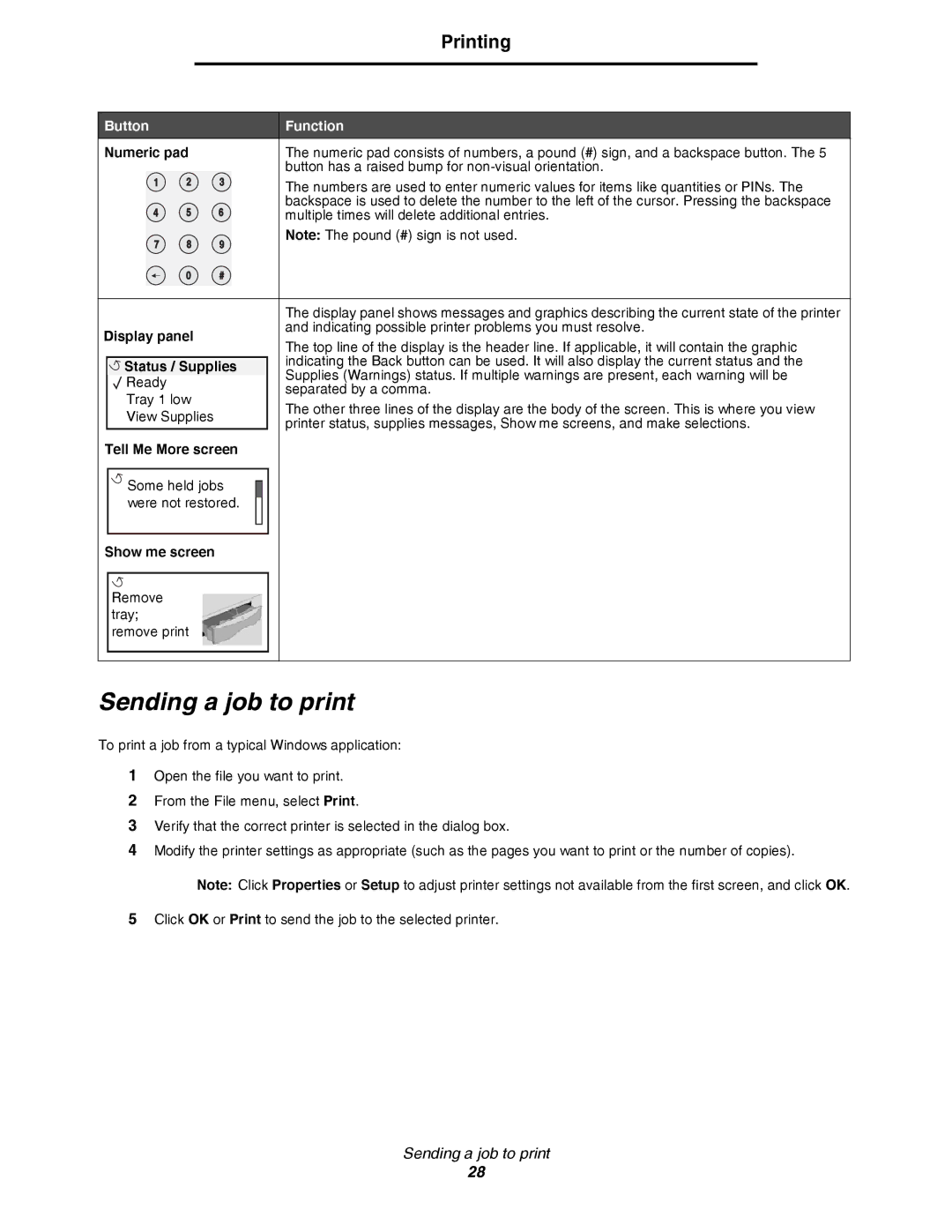 Lexmark C780, C782 manual Sending a job to print, Printing, Button Function 