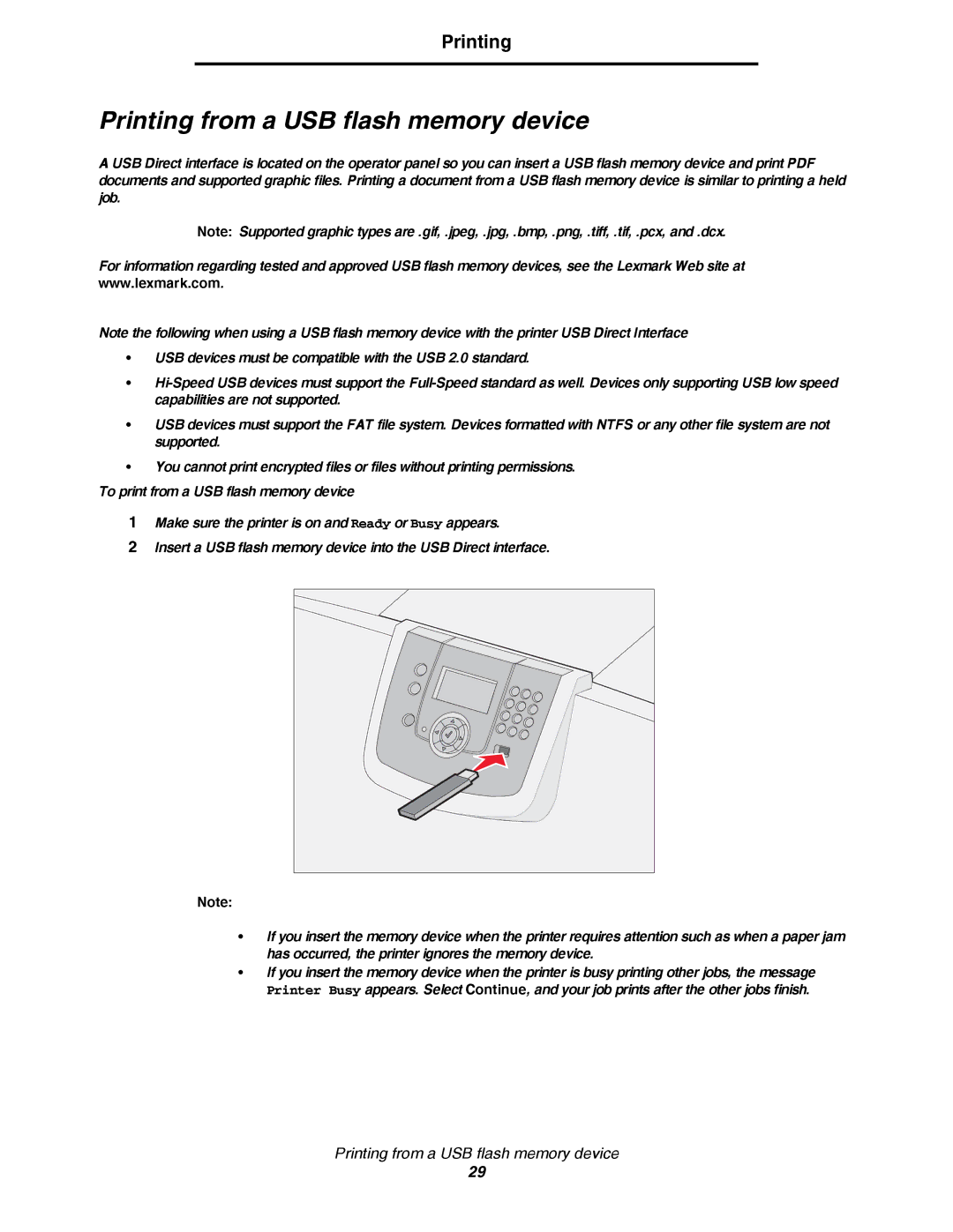 Lexmark C780, C782 manual Printing from a USB flash memory device 