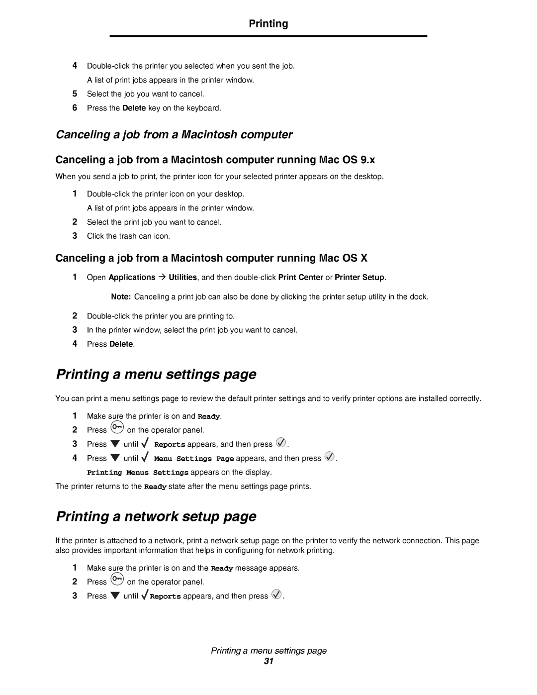 Lexmark C780, C782 manual Printing a menu settings, Printing a network setup, Canceling a job from a Macintosh computer 