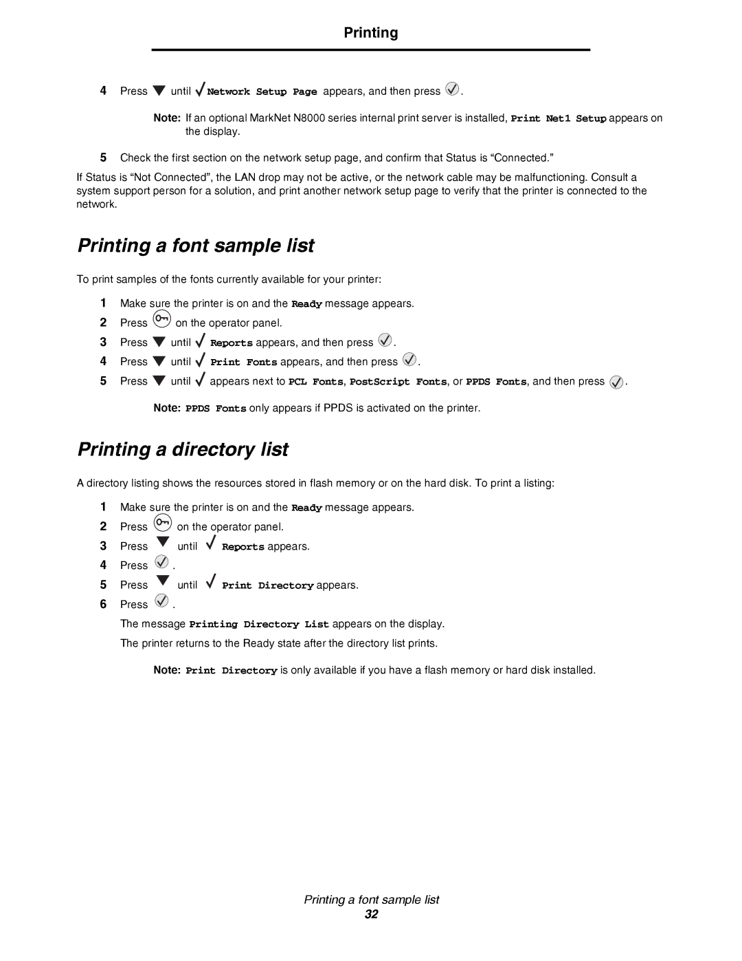 Lexmark C780, C782 manual Printing a font sample list, Printing a directory list 