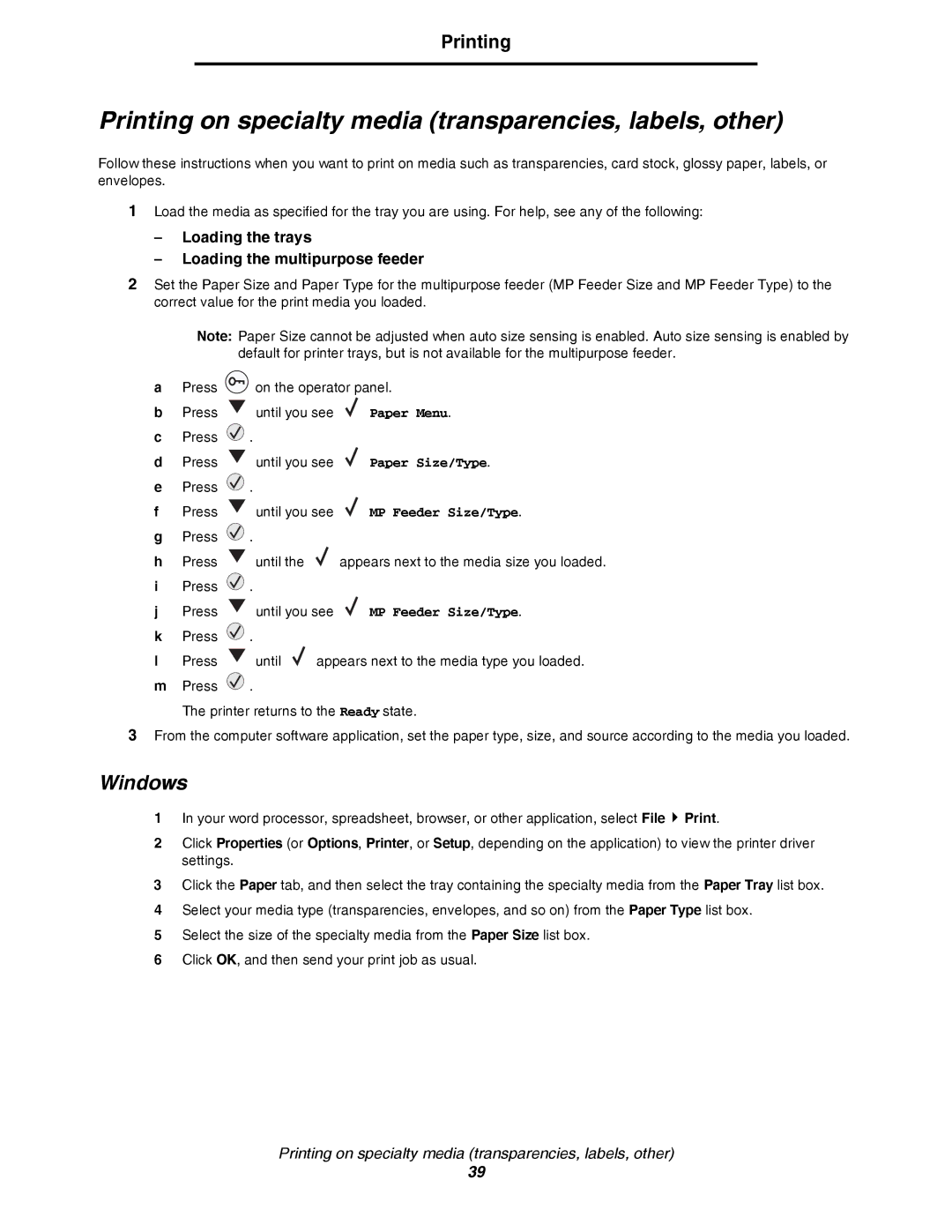 Lexmark C780, C782 manual Printing on specialty media transparencies, labels, other, Windows 