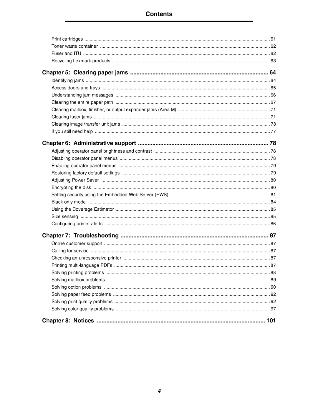 Lexmark C780, C782 manual Contents 