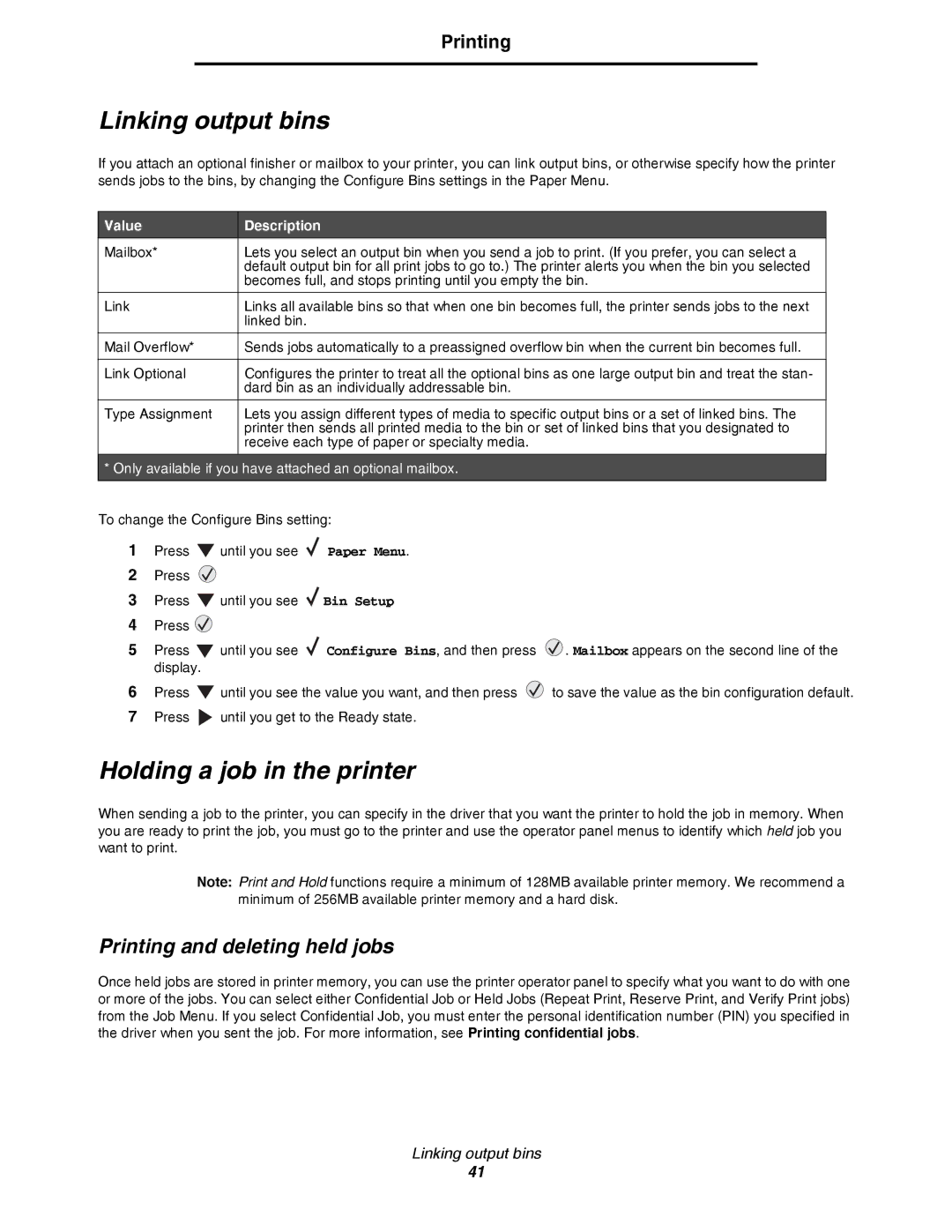 Lexmark C780, C782 Linking output bins, Holding a job in the printer, Printing and deleting held jobs, Value Description 