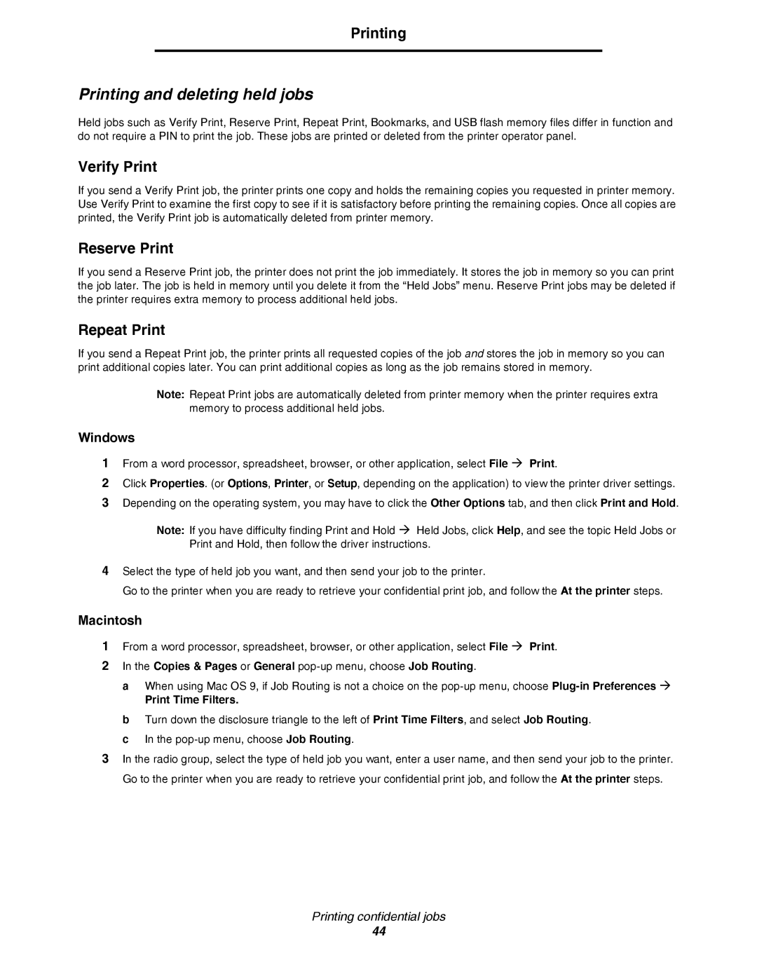 Lexmark C780 manual Verify Print, Reserve Print, Repeat Print, Copies & Pages or General pop-up menu, choose Job Routing 