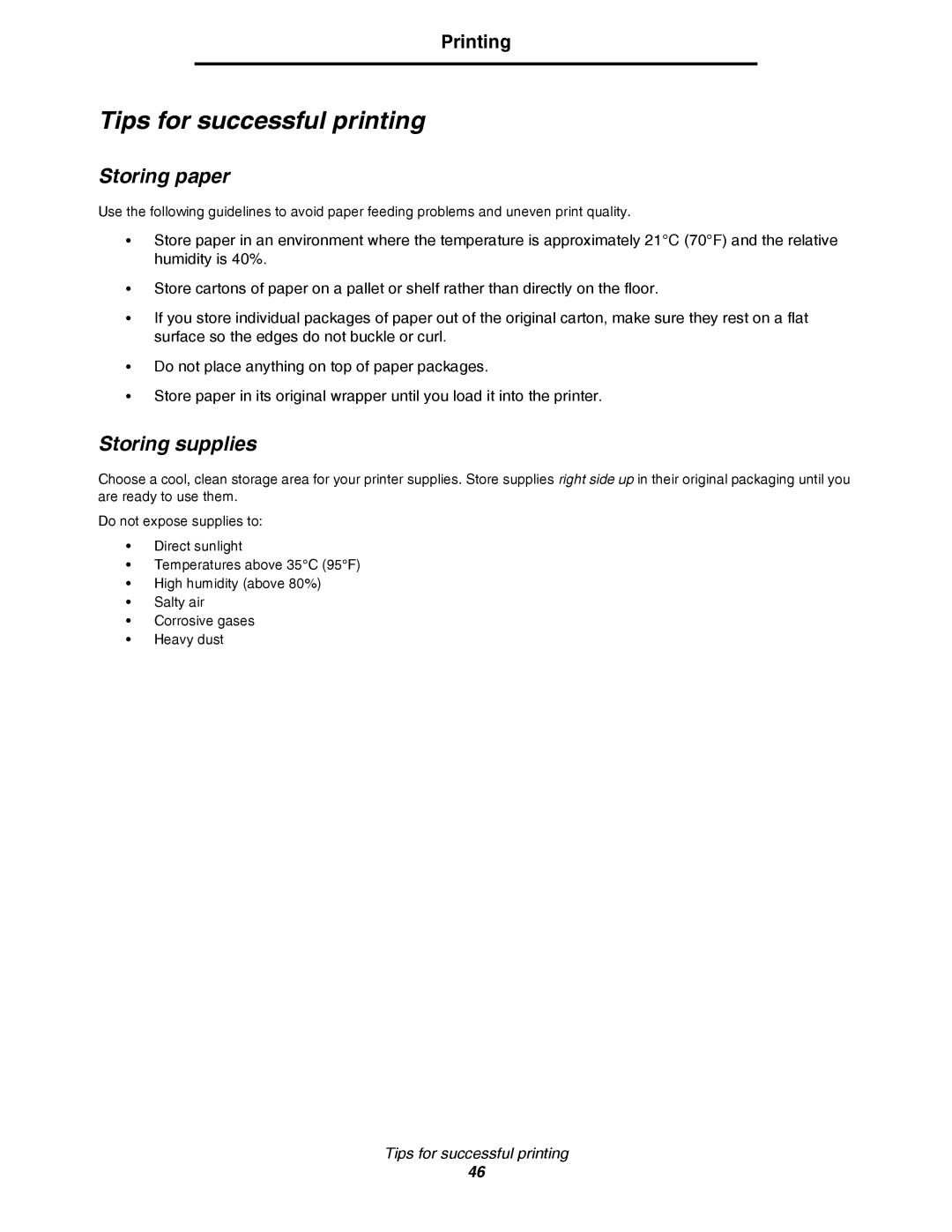 Lexmark C780, C782 manual Tips for successful printing, Storing paper, Storing supplies 