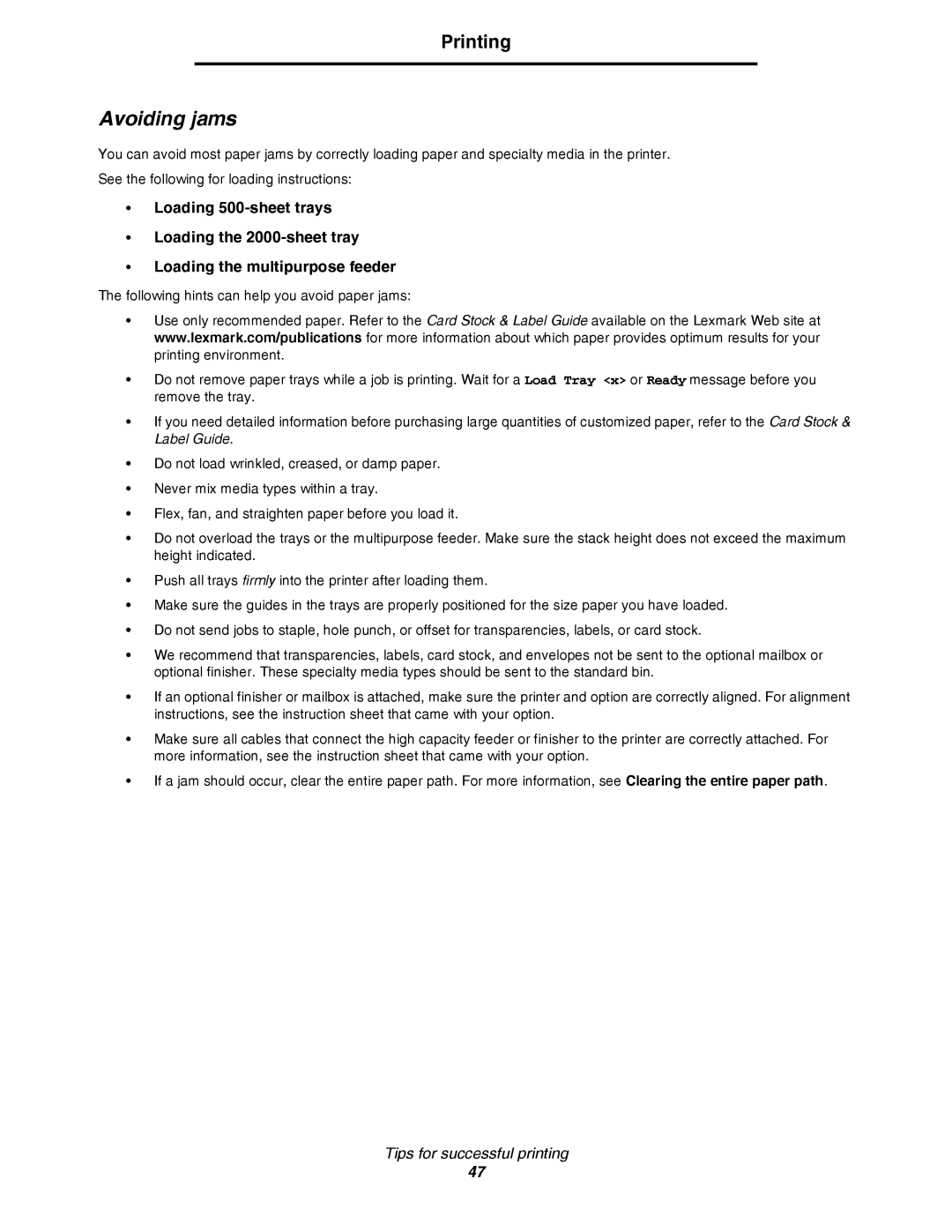 Lexmark C780, C782 manual Avoiding jams 