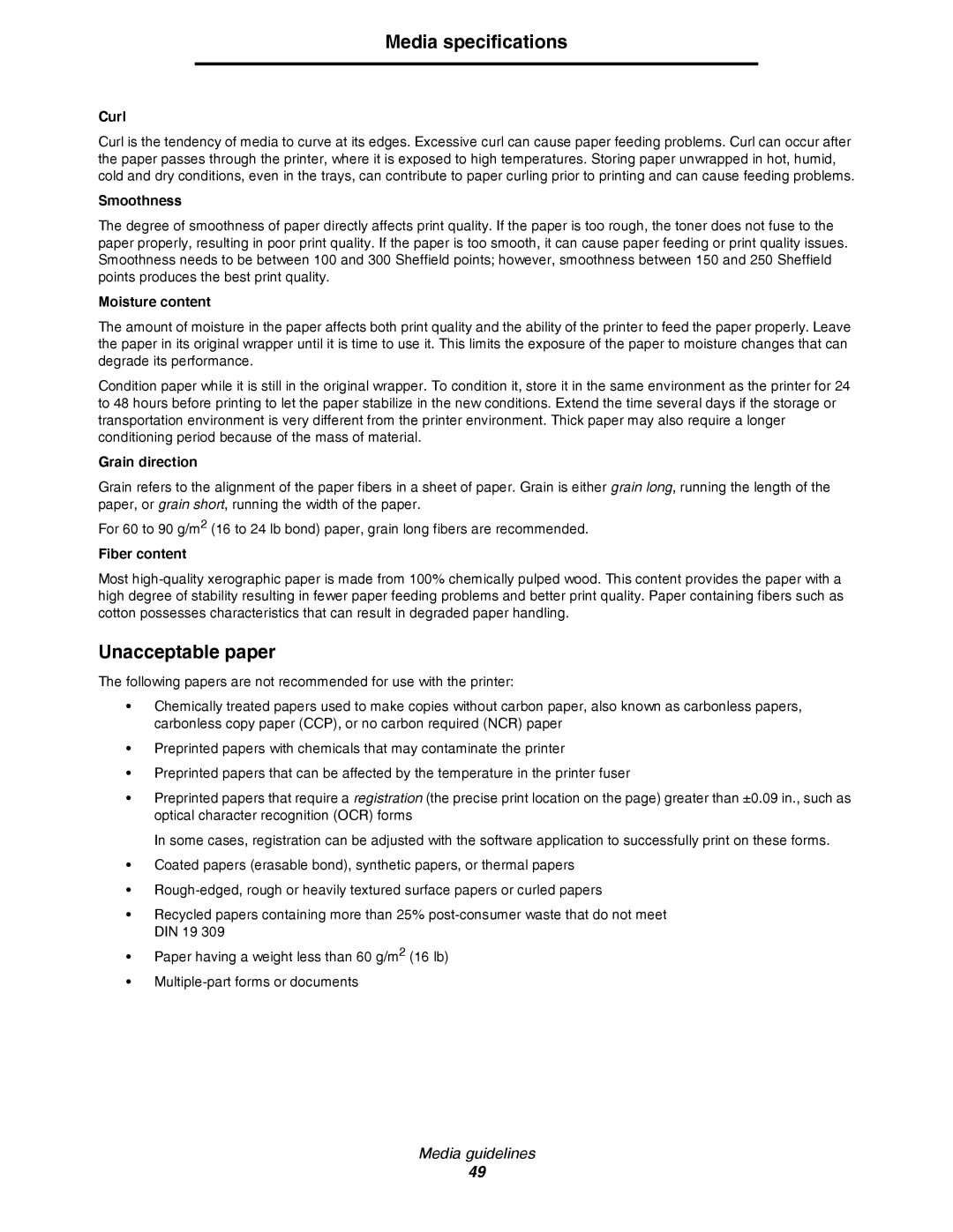 Lexmark C780, C782 manual Media specifications, Unacceptable paper 