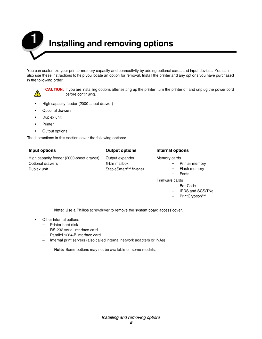 Lexmark C780, C782 manual Installing and removing options, Input options Output options Internal options 