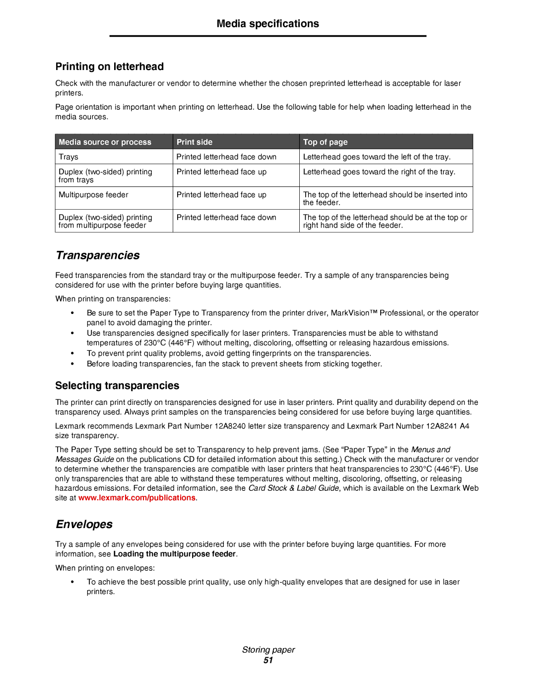 Lexmark C780, C782 manual Transparencies, Envelopes, Media specifications Printing on letterhead, Selecting transparencies 