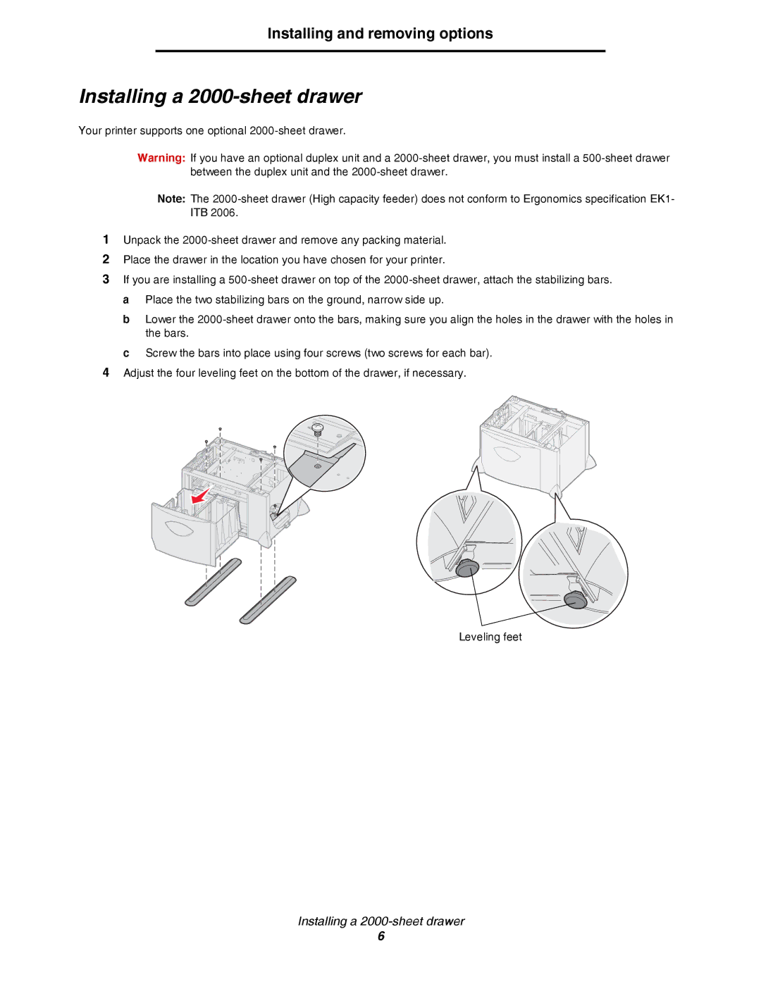 Lexmark C780, C782 manual Installing a 2000-sheet drawer, Installing and removing options 