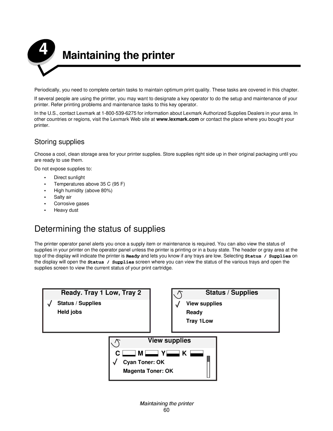 Lexmark C780, C782 Determining the status of supplies, Ready. Tray 1 Low, Tray, Status / Supplies, View supplies Y K 