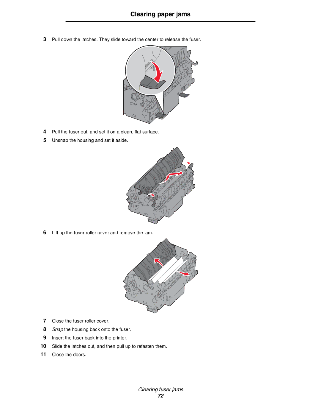 Lexmark C780, C782 manual Clearing fuser jams 