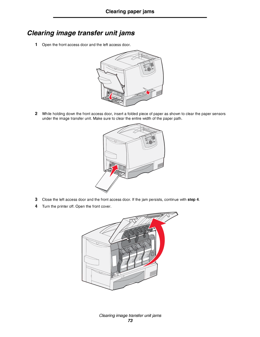 Lexmark C780, C782 manual Clearing image transfer unit jams 