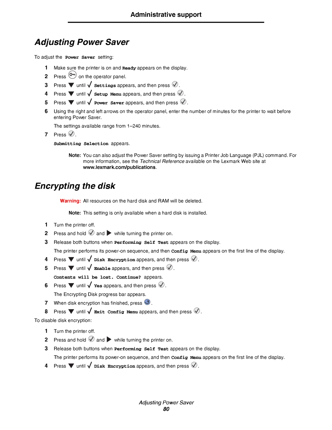 Lexmark C780, C782 manual Adjusting Power Saver, Encrypting the disk 