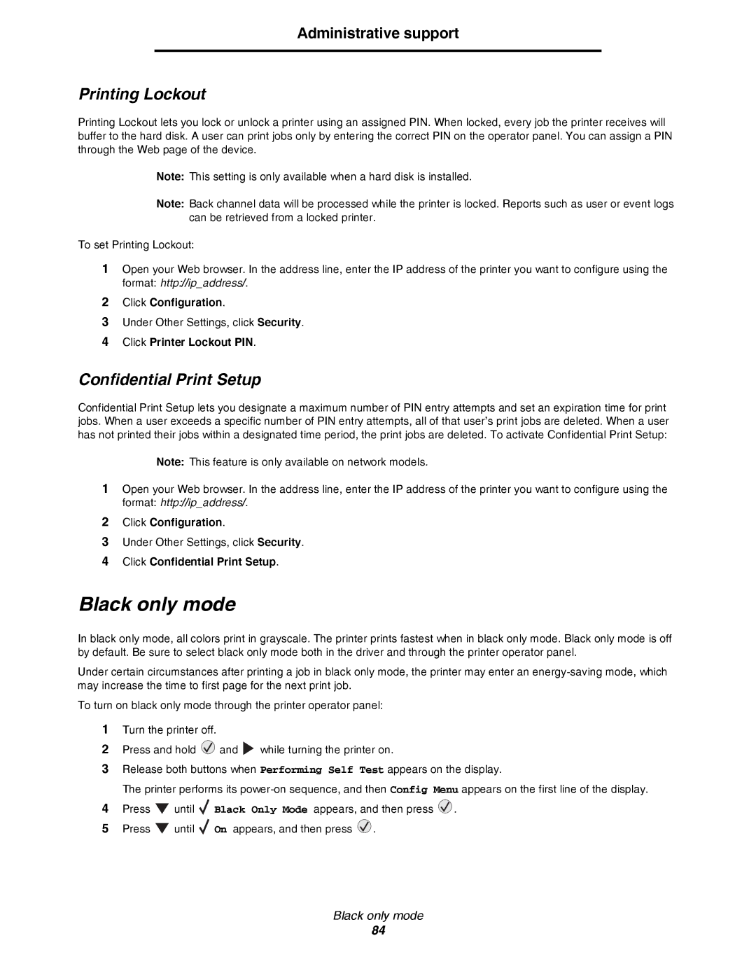 Lexmark C780, C782 manual Black only mode, Printing Lockout, Confidential Print Setup, Click Printer Lockout PIN 