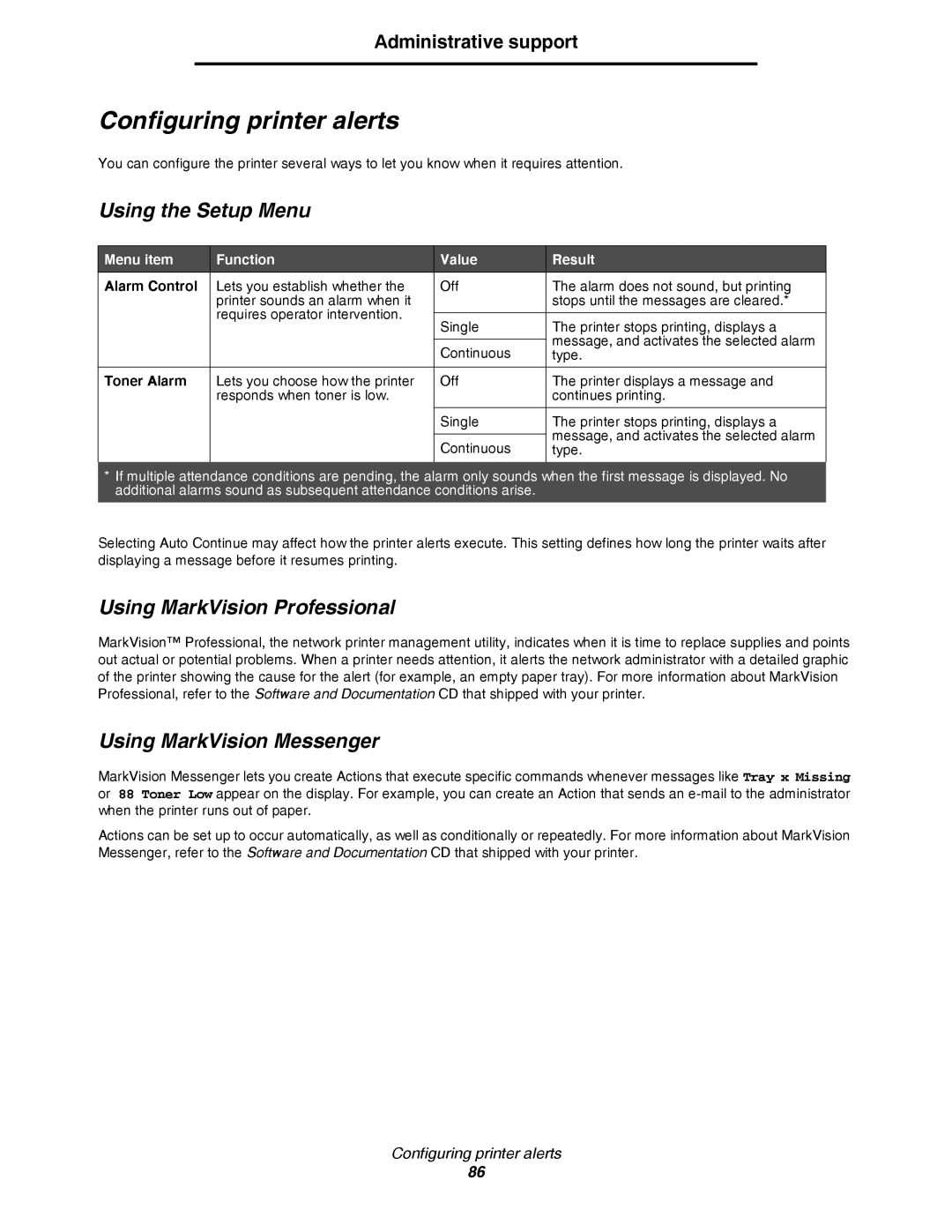 Lexmark C780 Configuring printer alerts, Using the Setup Menu, Using MarkVision Professional, Using MarkVision Messenger 