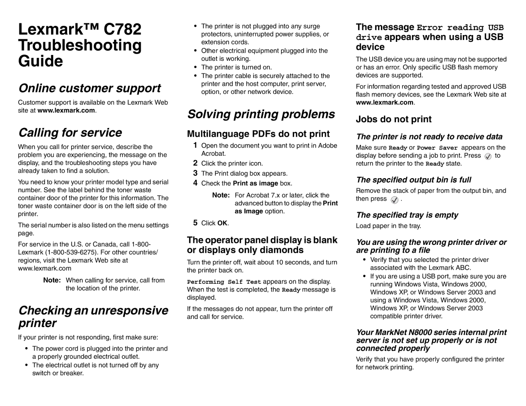 Lexmark C782 manual Online customer support Calling for service, Checking an unresponsive printer, Jobs do not print 