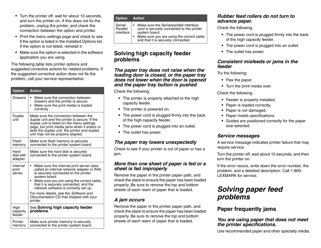 Lexmark C782 manual Solving paper feed problems, Solving high capacity feeder problems, Paper frequently jams 