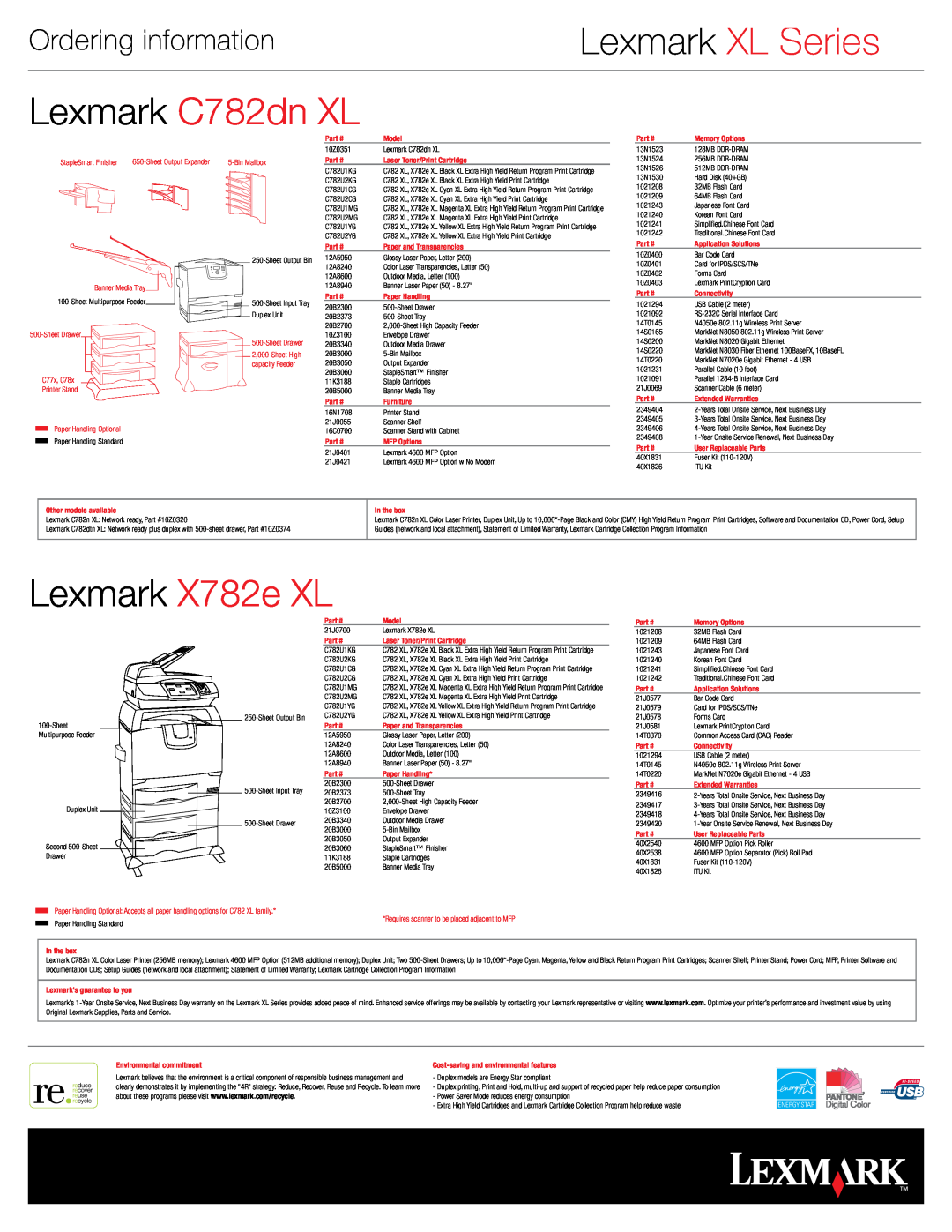 Lexmark C782n XL, C782dtn XL setup guide Lexmark C782dn XL, Lexmark X782e XL, Ordering information, Lexmark XL Series 