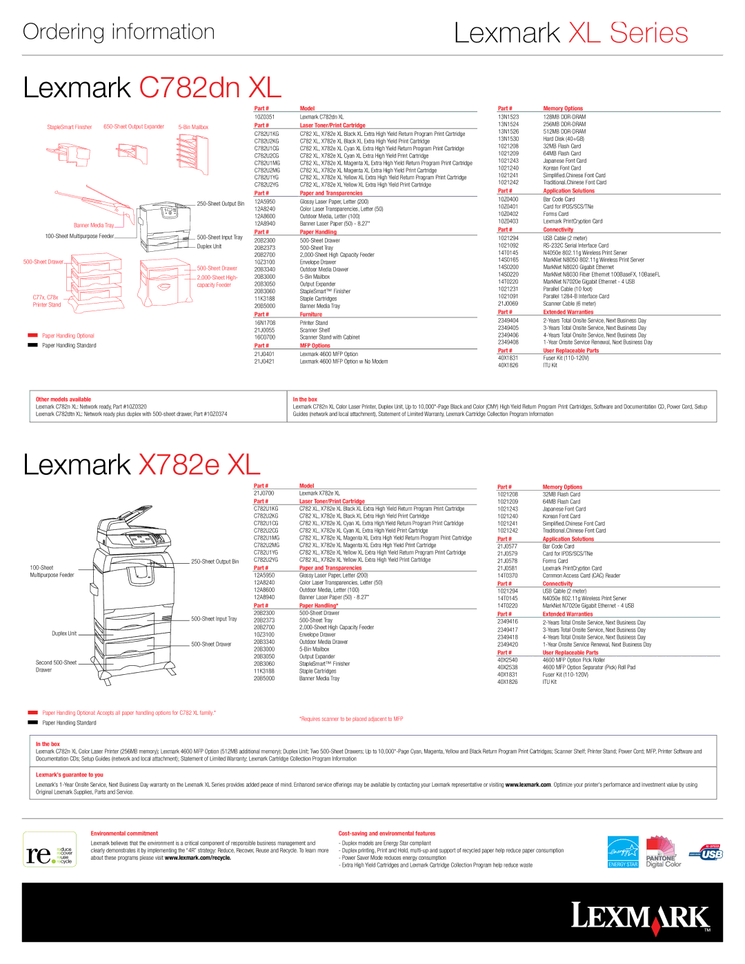 Lexmark C782n XL, C782dtn XL setup guide Lexmark C782dn XL, Lexmark X782e XL 