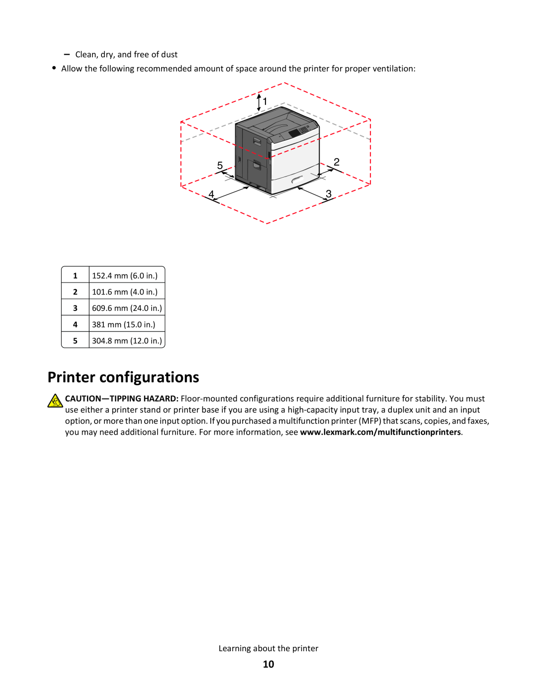 Lexmark C790 Printer configurations, 152.4 mm 6.0 in 101.6 mm 4.0 in 609.6 mm 24.0 in. 381 mm 15.0 in, 304.8 mm 12.0 in 