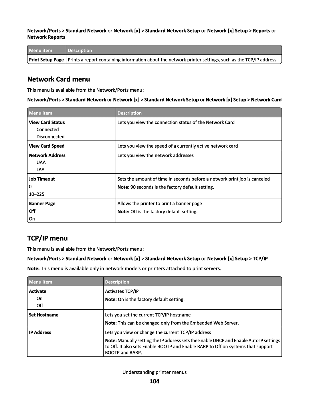 Lexmark C790 manual Network Card menu, TCP/IP menu, Network Reports 