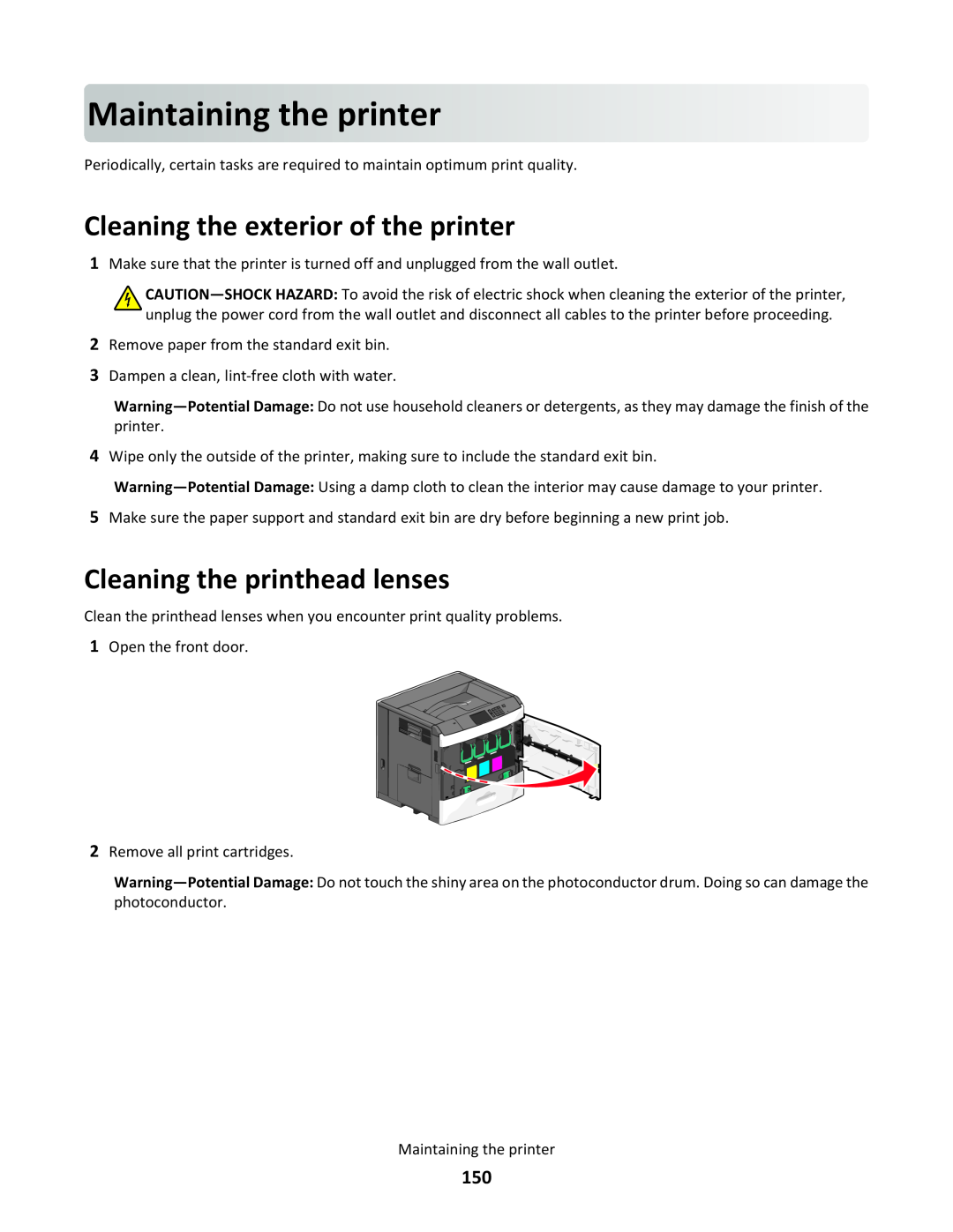 Lexmark C790 manual Maintainingthe printer, Cleaning the exterior of the printer, Cleaning the printhead lenses 
