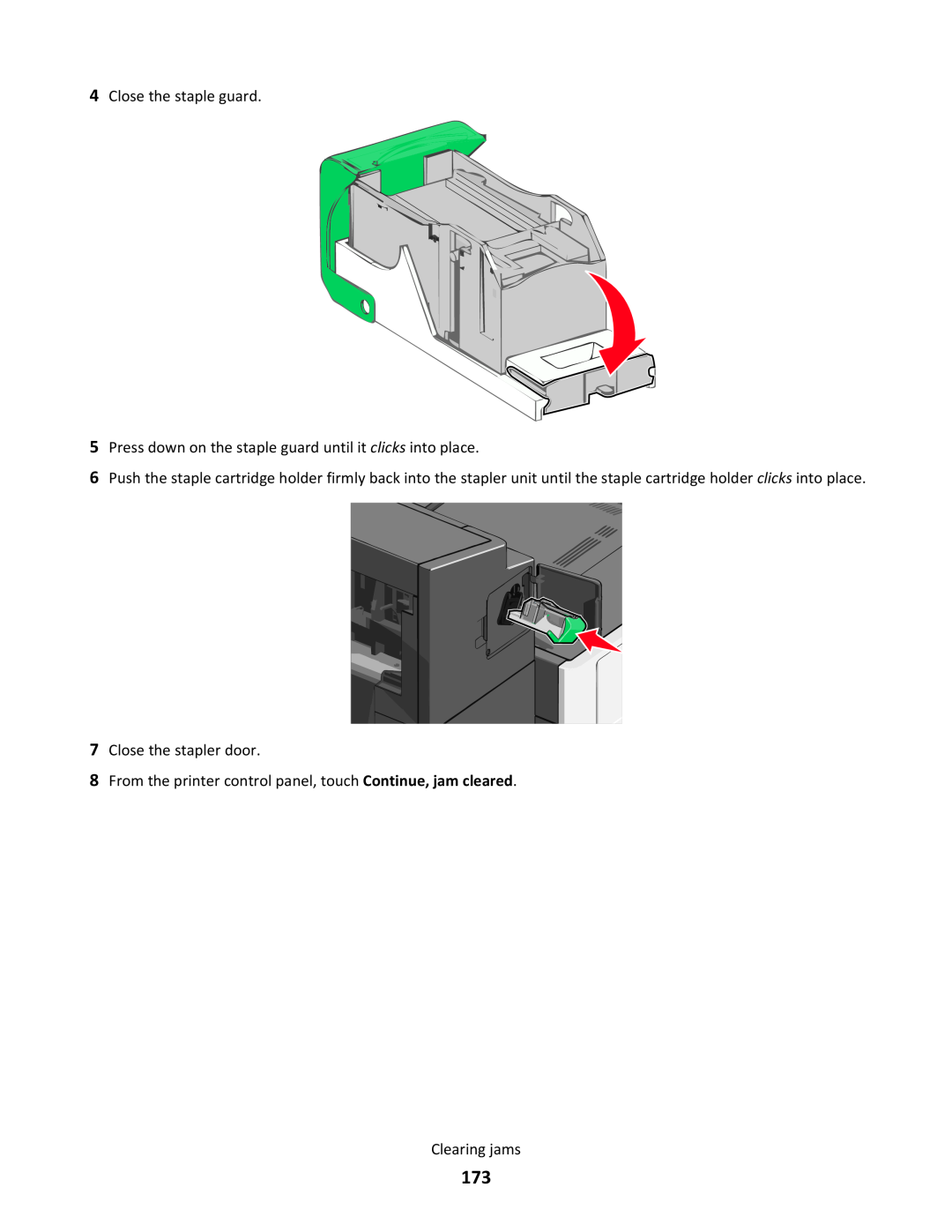 Lexmark C790 Close the staple guard, Press down on the staple guard until it clicks into place, Close the stapler door 
