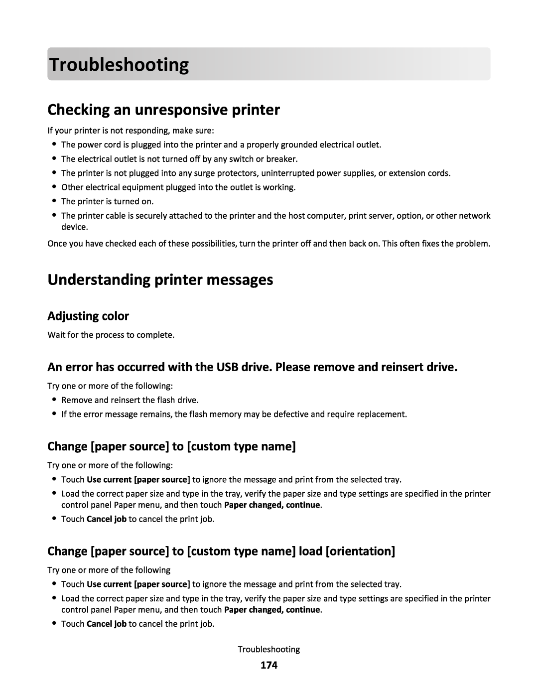Lexmark C790 manual Troubleshooting, Checking an unresponsive printer, Understanding printer messages, Adjusting color 