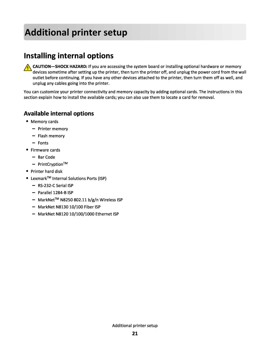 Lexmark C790 manual Additionalprintersetup, Installing internal options, Available internal options 