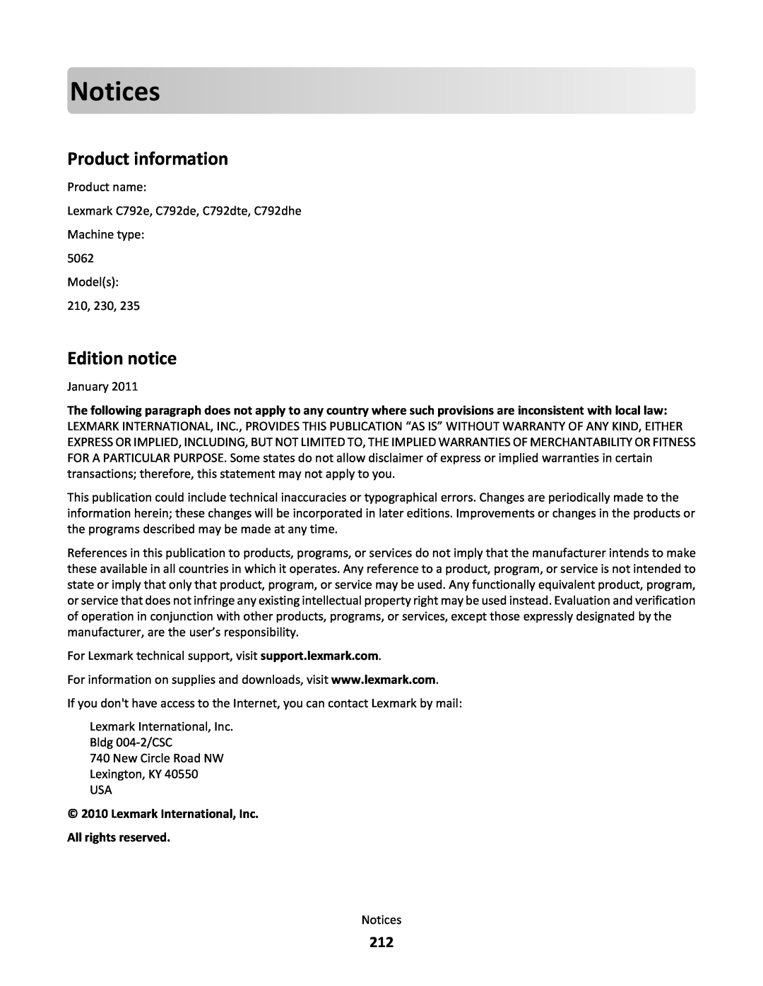 Lexmark C790 manual Notices, Product information, Edition notice, Lexmark International, Inc All rights reserved 