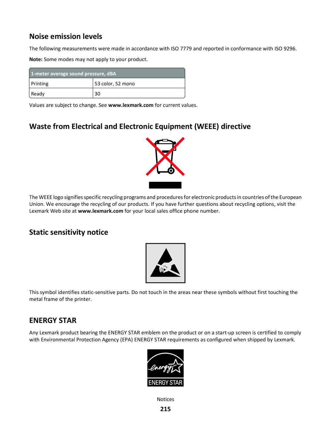 Lexmark C790 manual Noise emission levels, Waste from Electrical and Electronic Equipment WEEE directive, Energy Star 
