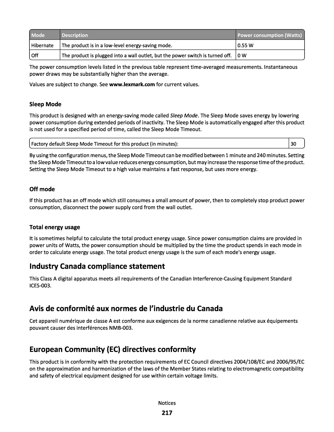 Lexmark C790 Industry Canada compliance statement, Avis de conformité aux normes de l’industrie du Canada, Sleep Mode 