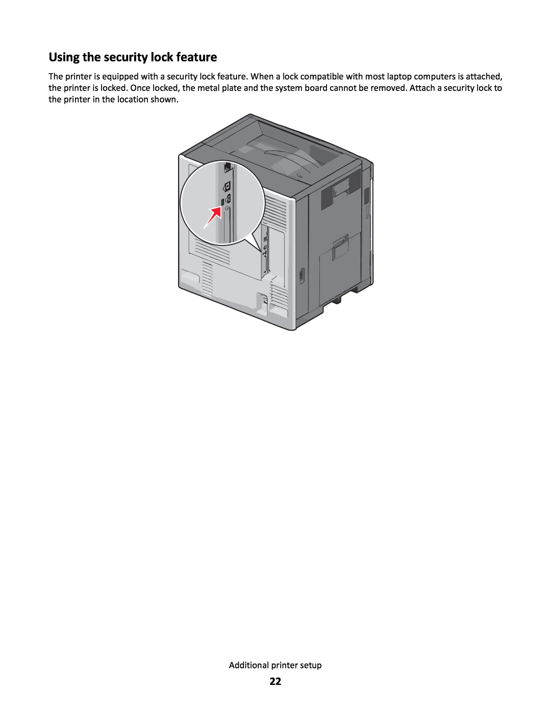 Lexmark C790 manual Using the security lock feature, Additional printer setup 