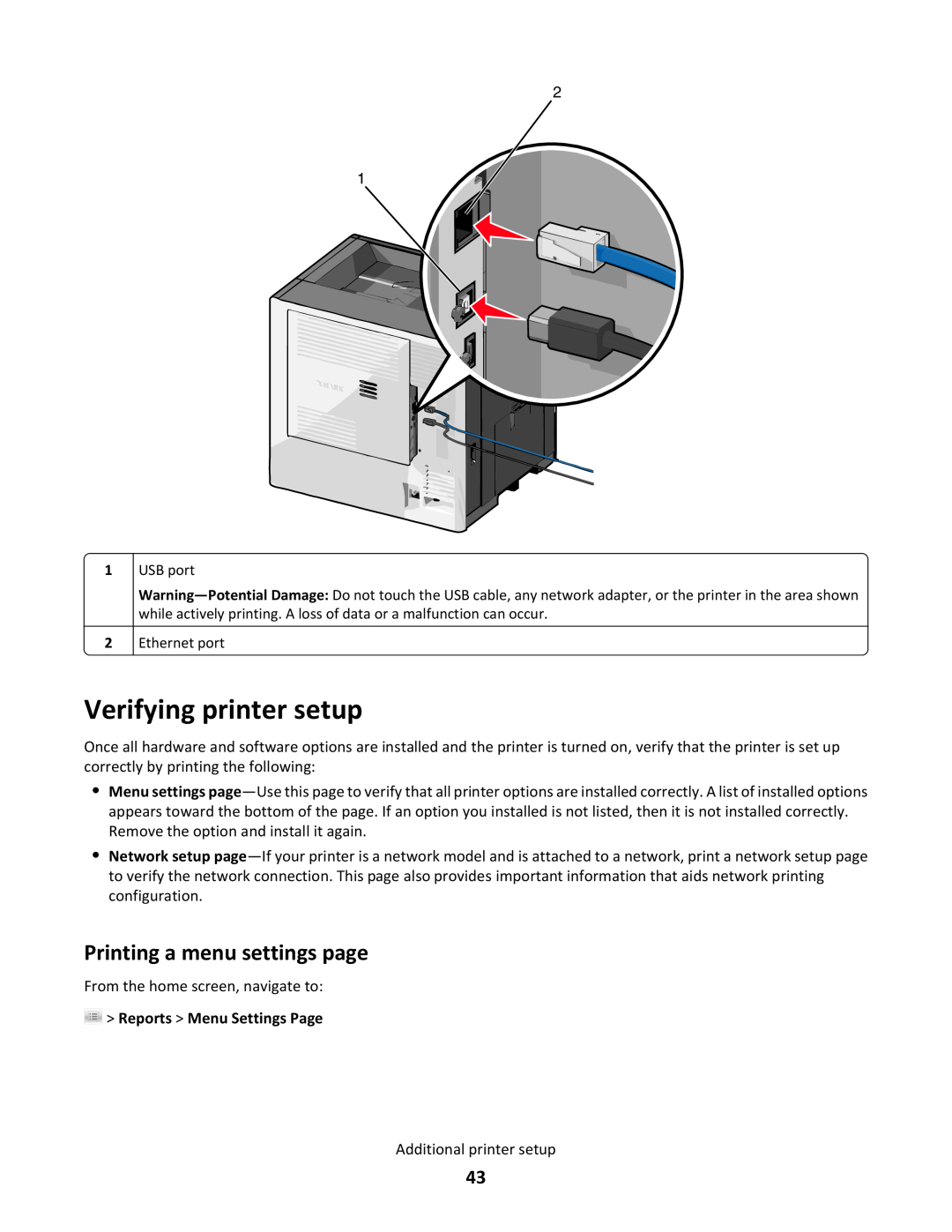 Lexmark C790 manual Verifying printer setup, Printing a menu settings page, Reports Menu Settings Page 