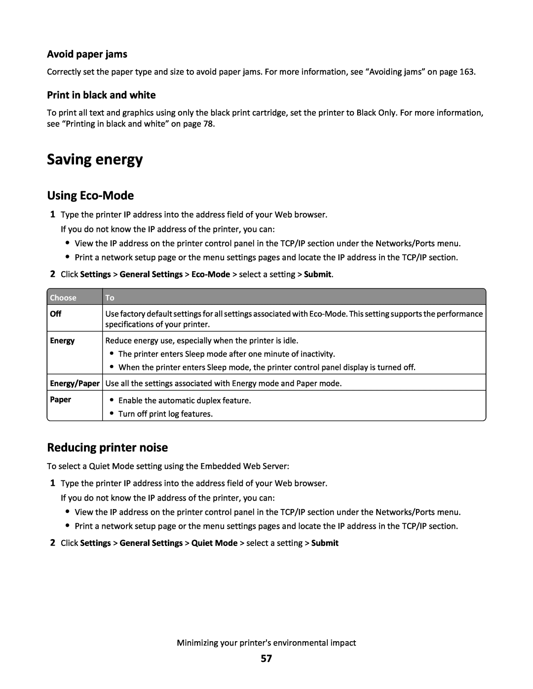 Lexmark C790 manual Saving energy, Using Eco-Mode, Reducing printer noise, Avoid paper jams, Print in black and white 
