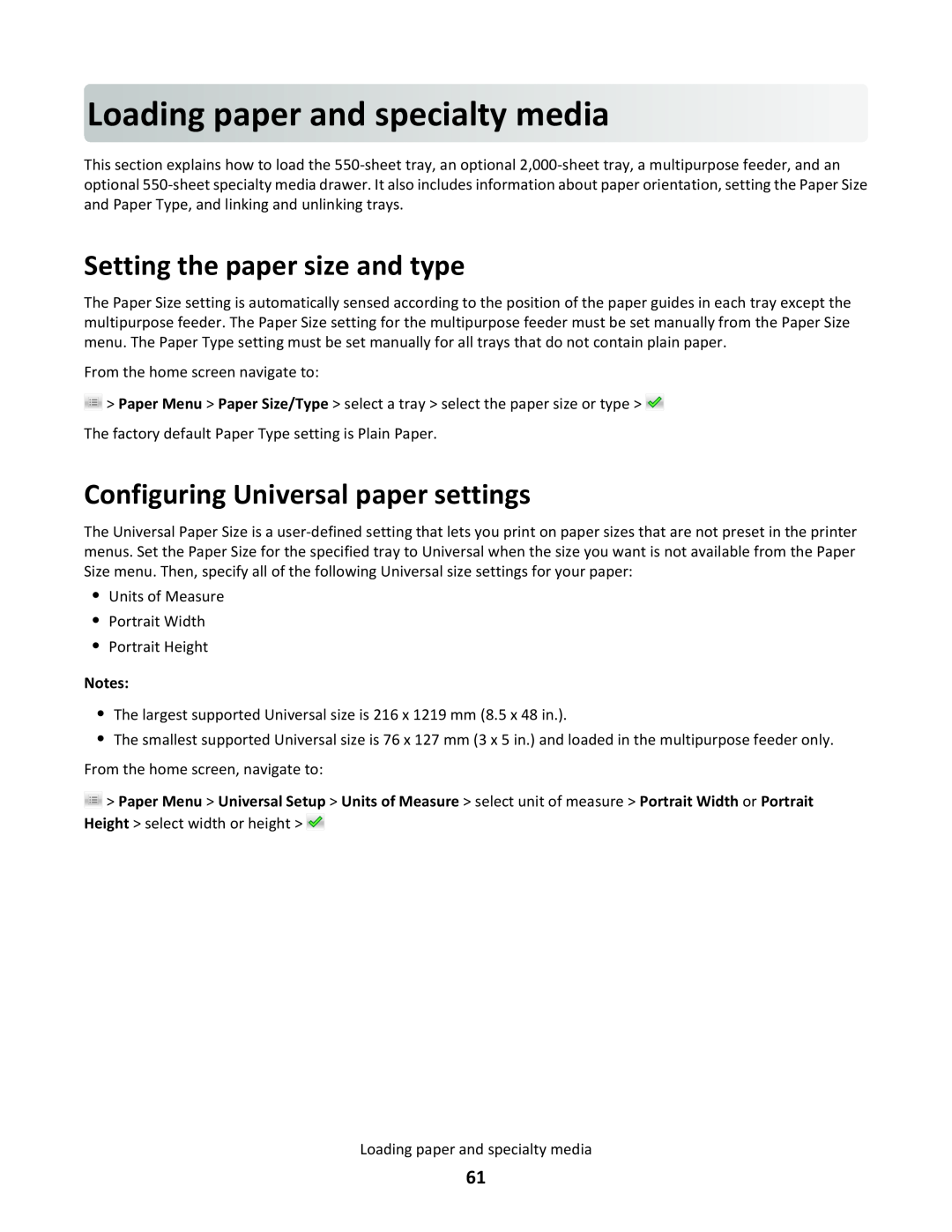 Lexmark C790 manual Loading paper andspecialtymedia, Setting the paper size and type, Configuring Universal paper settings 