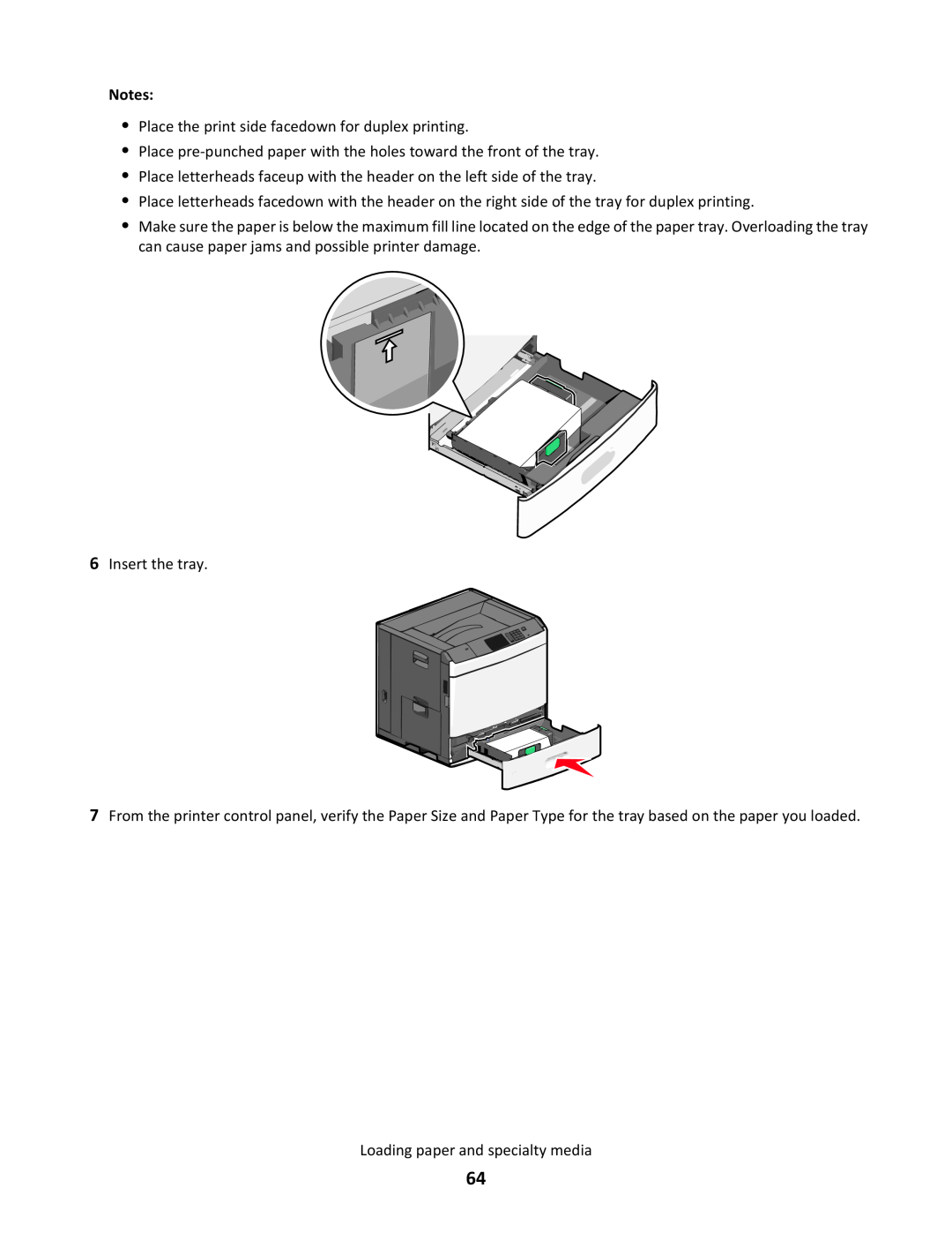 Lexmark C790 manual Place the print side facedown for duplex printing, Insert the tray, Loading paper and specialty media 