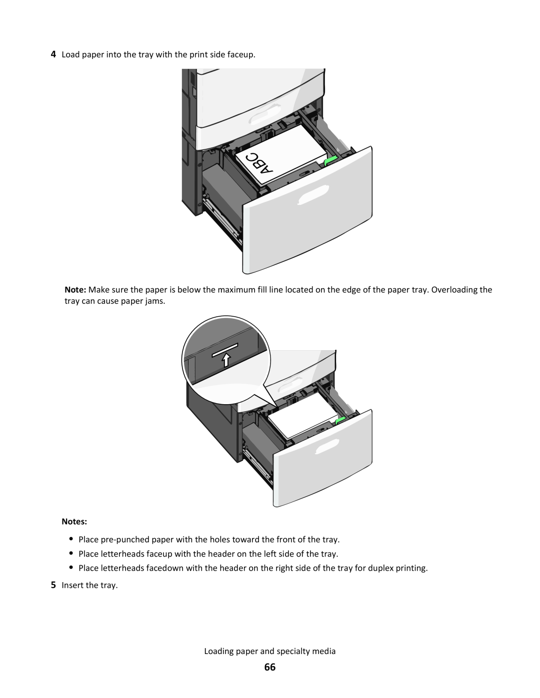 Lexmark C790 manual Load paper into the tray with the print side faceup, Insert the tray Loading paper and specialty media 
