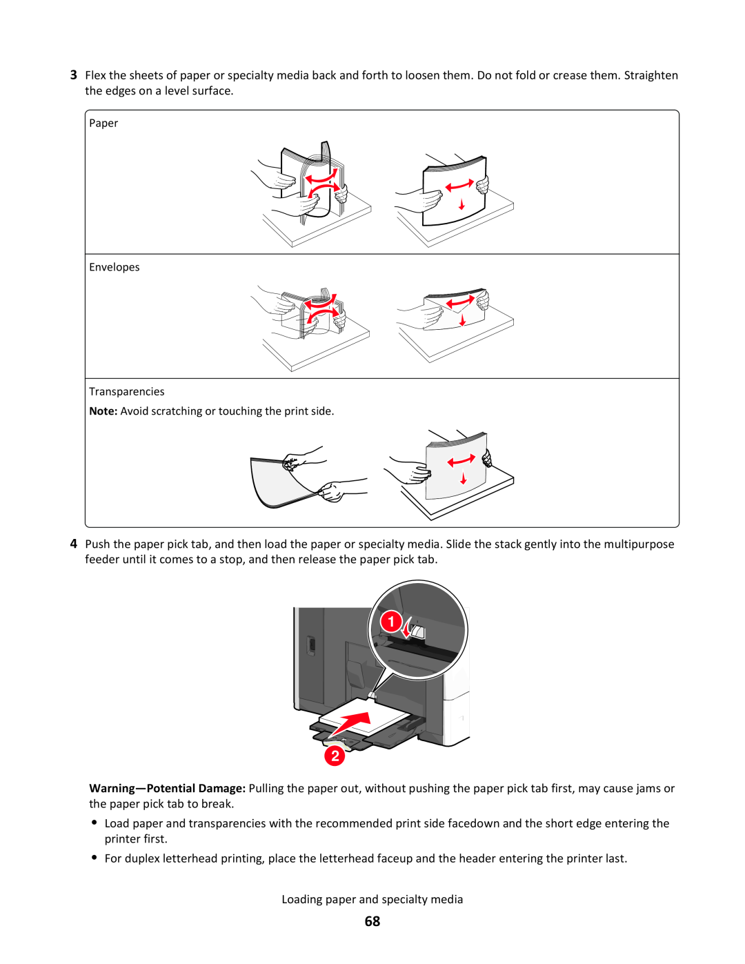 Lexmark C790 manual Paper Envelopes Transparencies, Note Avoid scratching or touching the print side 